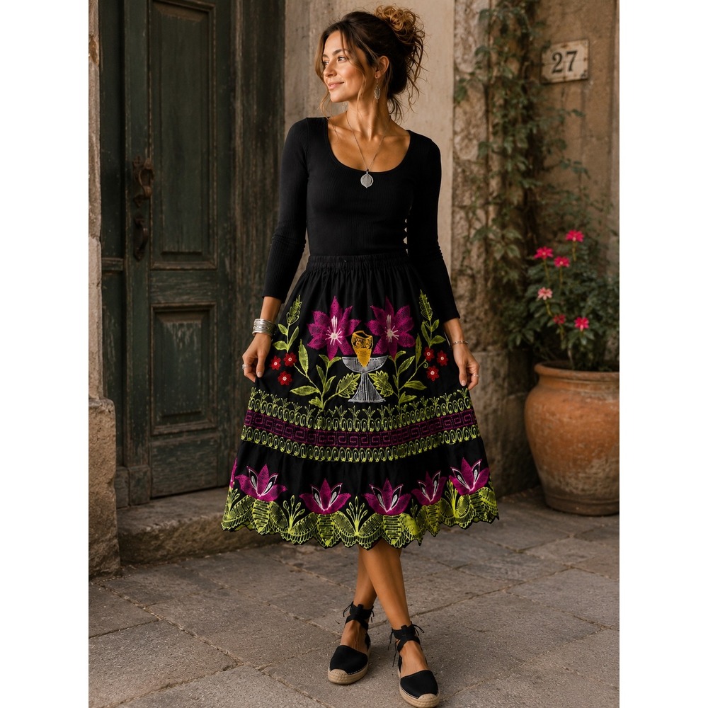 Embroidered Black Midi Skirt Floral Folk Art Boho Scalloped Hem Elastic Waist